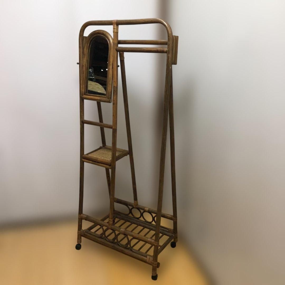 ラタン 籐製 ミラー付き ハンガーラック コートスタンド 折りたたみ