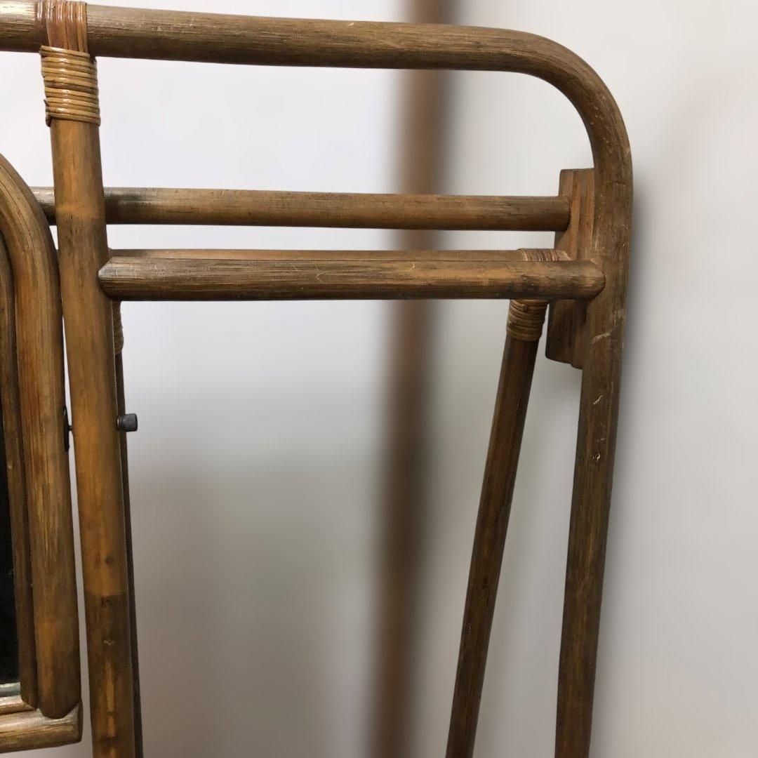 【アンティーク】籐 ラタン ミラー付き 折り畳み式 ハンガーラック 古道具 アンティーク】籐 ラタン ミラー付き 折り畳み式 ハンガーラック 古道具