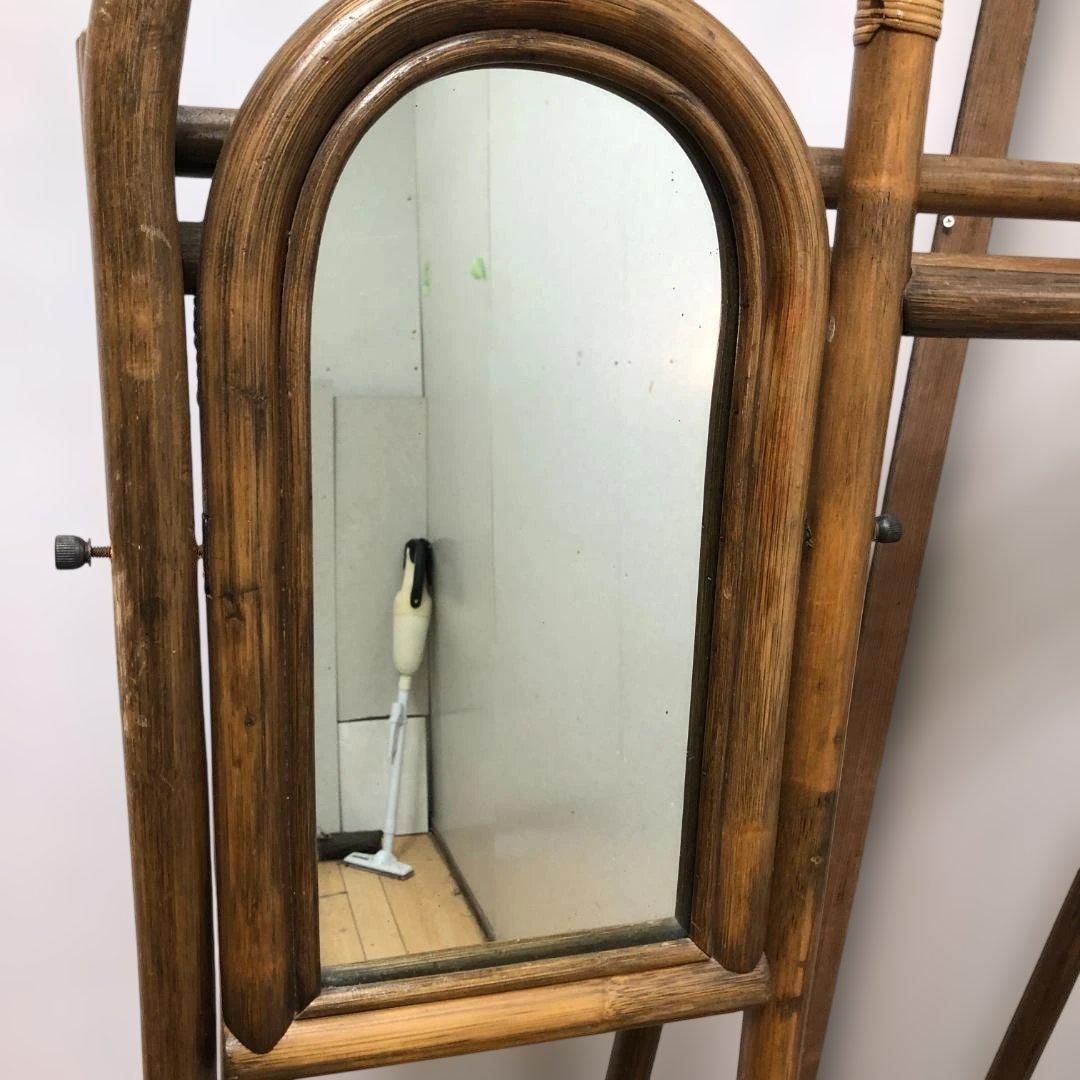 【アンティーク】籐 ラタン ミラー付き 折り畳み式 ハンガーラック 古道具 アンティーク】籐 ラタン ミラー付き 折り畳み式 ハンガーラック 古道具