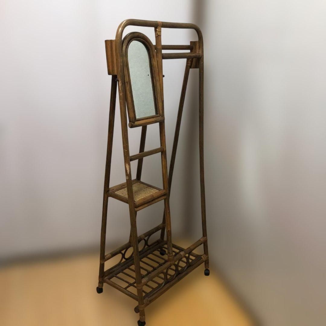 ラタン 籐製 ミラー付き ハンガーラック コートスタンド 折りたたみ