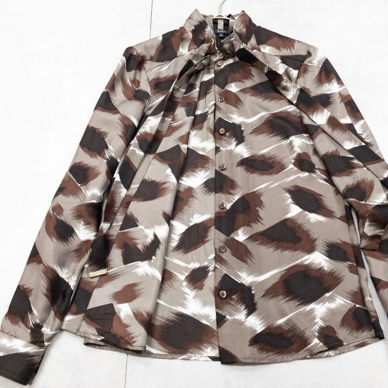 GUCCI グッチ ブラウス シャツ ボウタイ 総柄 シルク100％ ブラウン