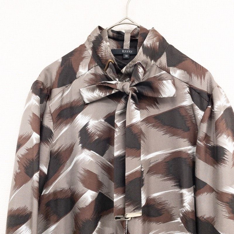 GUCCI グッチ ブラウス シャツ ボウタイ 総柄 シルク100％ ブラウン