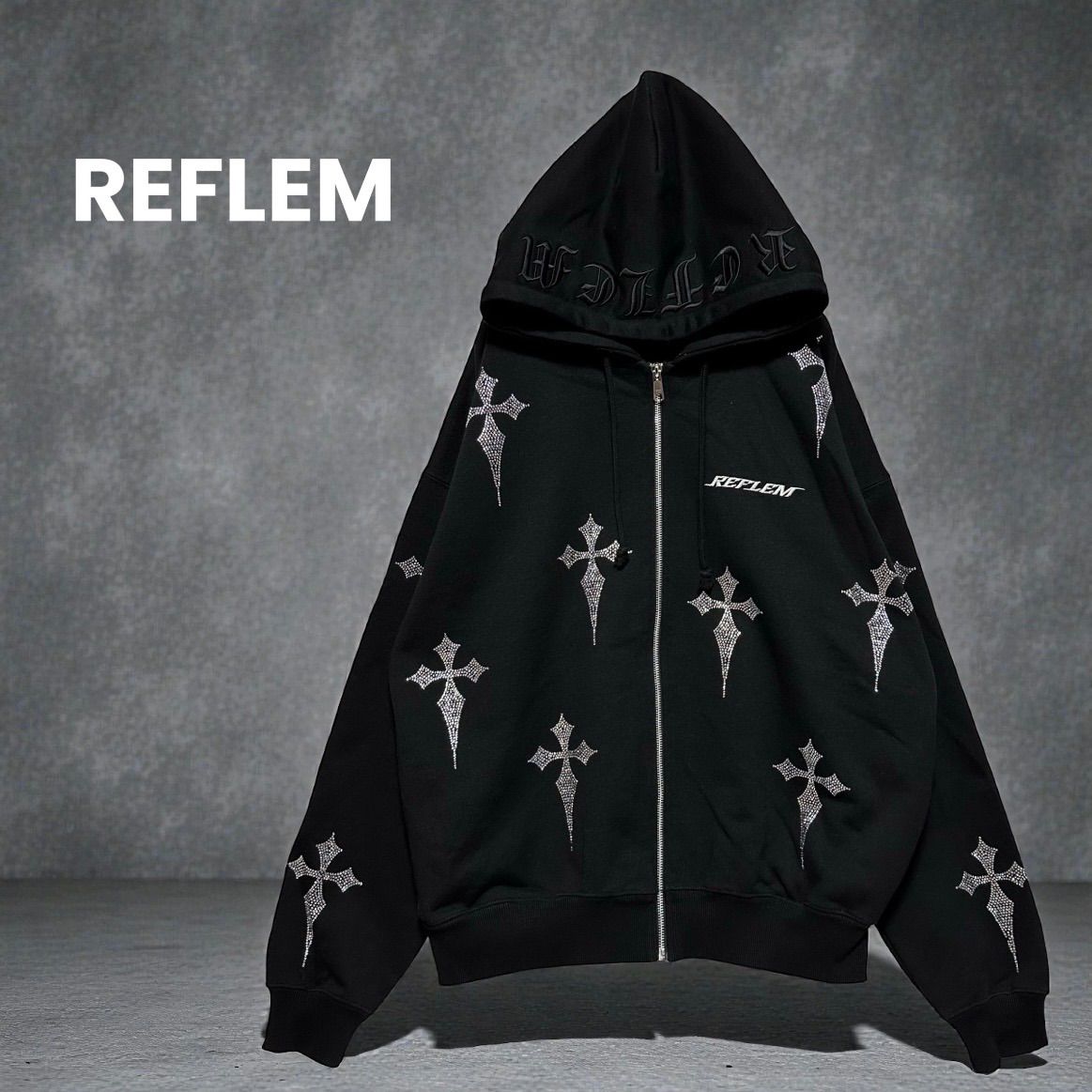 REFLEM レフレム クロス総柄ラインストーンZIPパーカー ブラック 黒 F