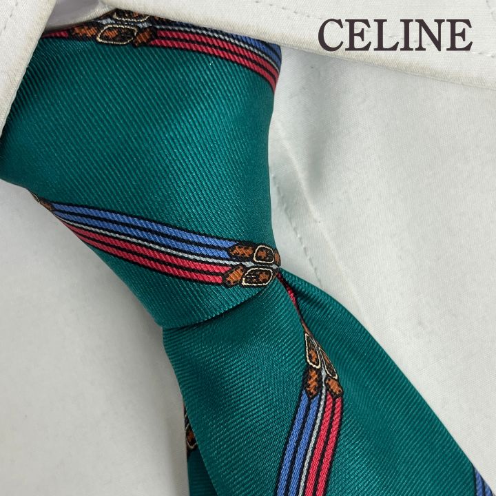 美品》CELINE (セリーヌ) シルクネクタイ スペイン製 総柄 ストライプ