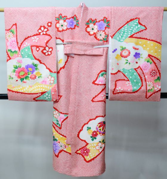 お宮参り 産着 女児 女の子 正絹 のしめ 総疋田鹿子模様柄 赤色 綸子地