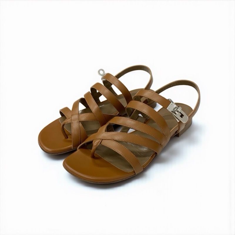 エルメス HERMES サンダル 靴 シューズ レザー ブラウン シルバー