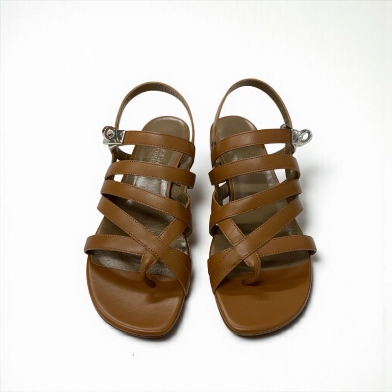 エルメス HERMES サンダル 靴 シューズ レザー ブラウン シルバー