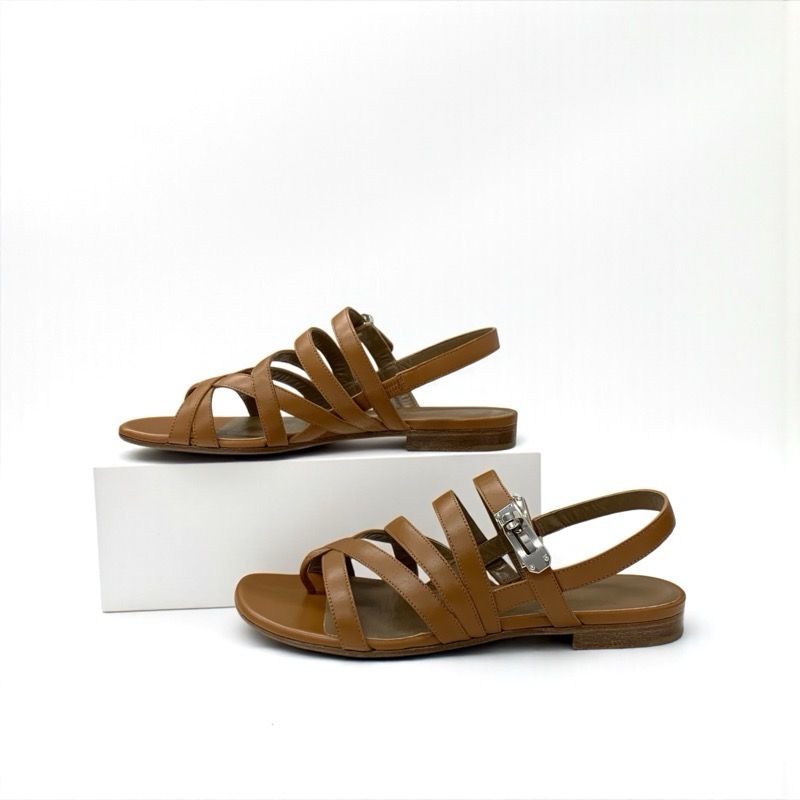 エルメス HERMES サンダル 靴 シューズ レザー ブラウン シルバー