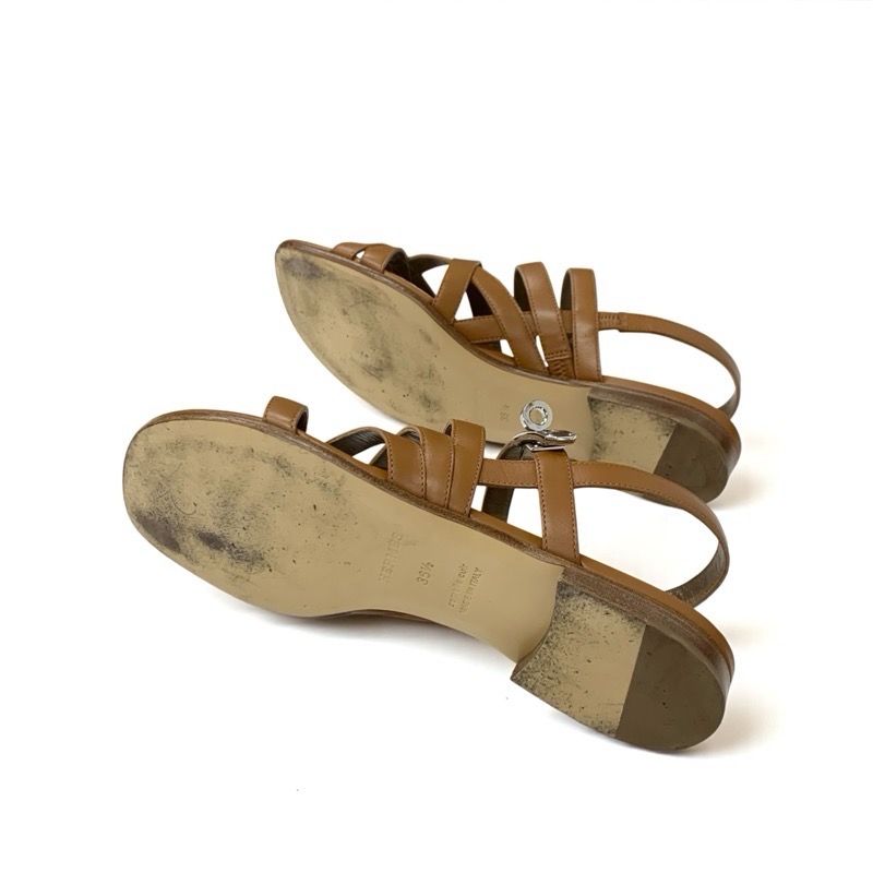 エルメス HERMES サンダル 靴 シューズ レザー ブラウン シルバー