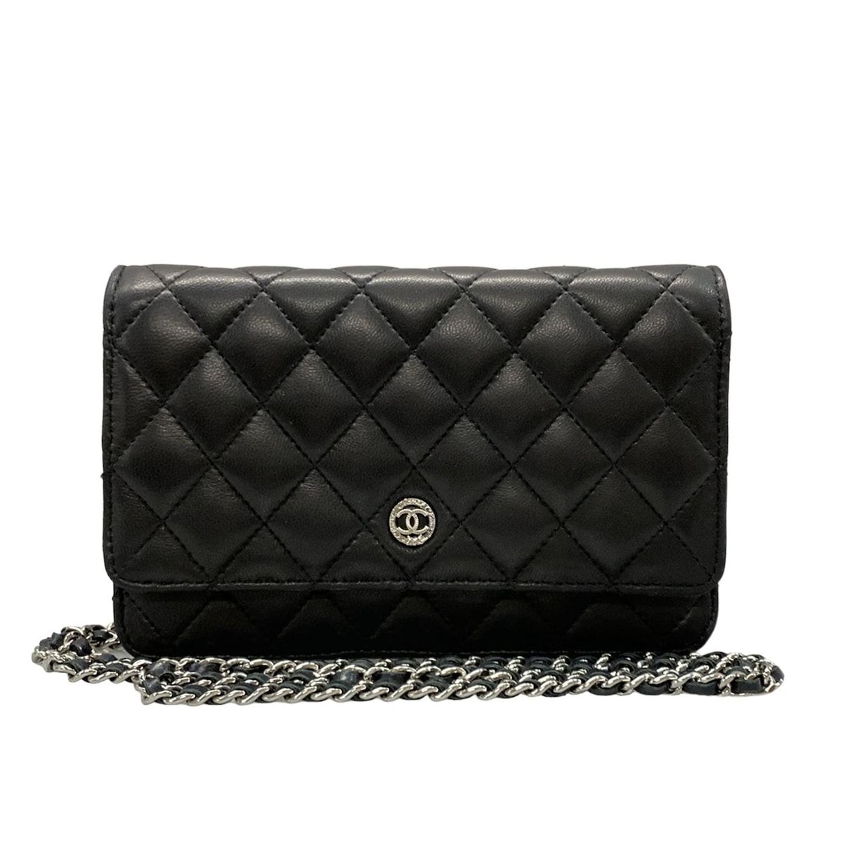 CHANEL(シャネル) 財布 マトラッセ 黒 チェーンウォレット/シルバー