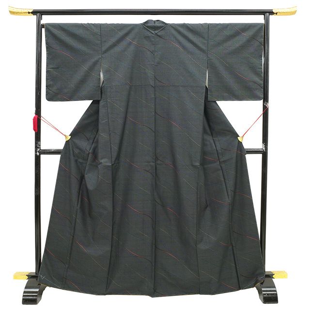 新古品】 本場大島紬 着物 未使用 正絹 泥染め 黒こげ茶 ブルーグレー