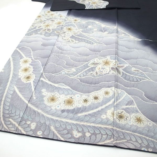 節織紬 訪問着 着物 辻が花 絞り 黒 グレー カジュアル 春秋冬 リサイクル 中古 仕立て上がり 身丈170 裄68.5 ＴＬサイズ みやがわ sb10983 中古】節織紬 訪問着 着物 辻が花 絞り 黒 グレー カジュアル 春 秋 冬