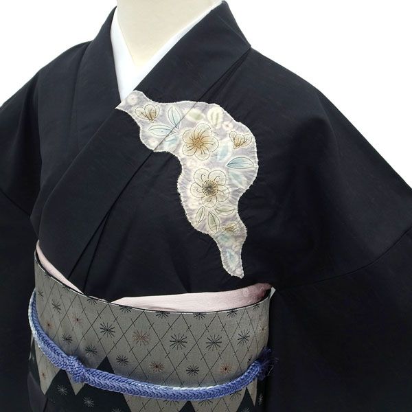 中古】節織紬 訪問着 着物 辻が花 絞り 黒 グレー カジュアル 春 秋 冬
