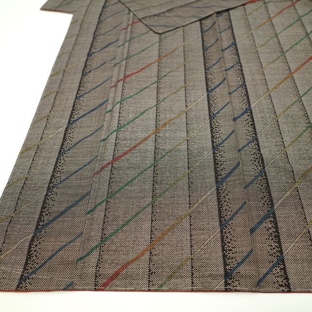 509mt59〇一元式 本場大島紬 7マルキ 縞 菱繋ぎ 紫 緑 水色〇美品 509mt59〇一元式 大島紬 7マルキ 縞 菱繋ぎ 紫 緑 水色〇美