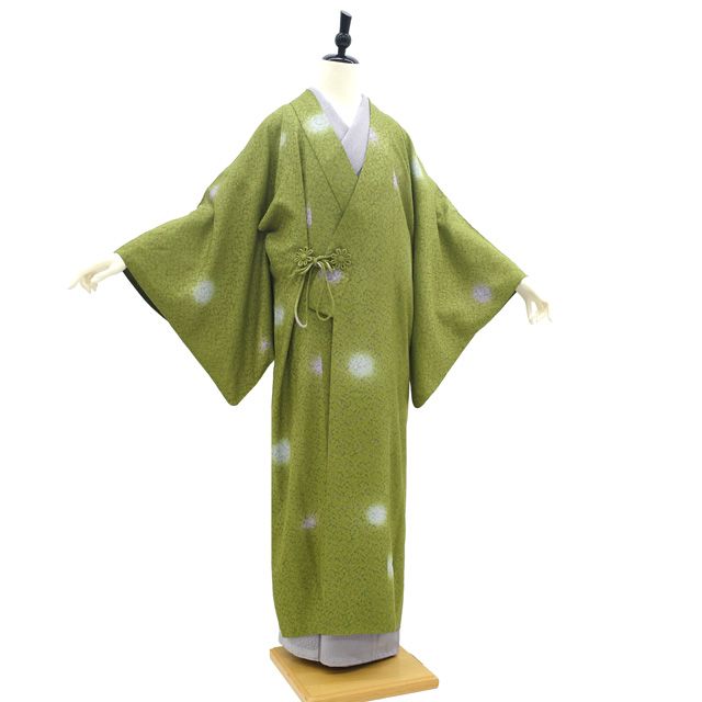 中古】 着物衿 コート リサイクル 単衣 紋紗 正絹 鶯色 蛍ぼかし 春 夏