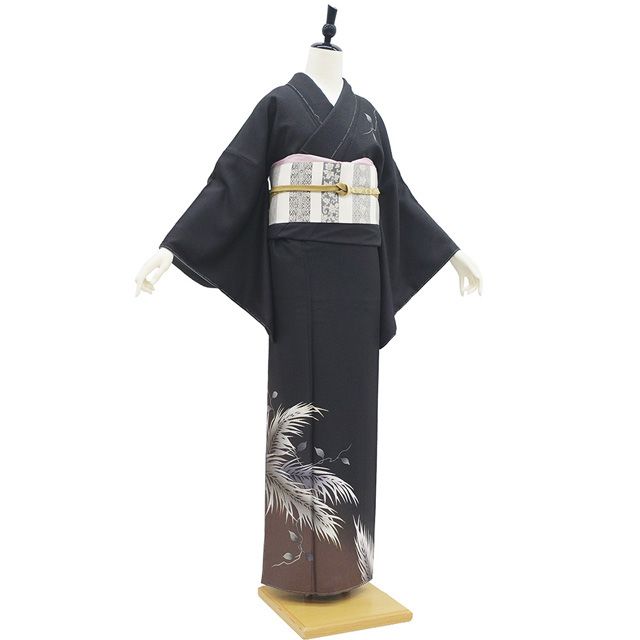 新古品】 訪問着 着物 未使用 正絹 袷 金彩加工 墨黒色 茶色 ぼかし 