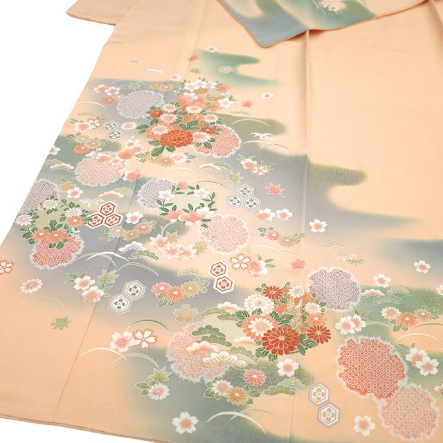 訪問着 着物 未使用 フォーマル 正絹 袷 金駒刺繍 刺繍 サーモンオレンジ 新古品 仕立て上がり 身丈161 裄丈65 Ｍサイズ みやがわ sb16782 新古品】 訪問着 着物 未使用 フォーマル 正絹 袷 金駒刺繍 刺繍 絞り