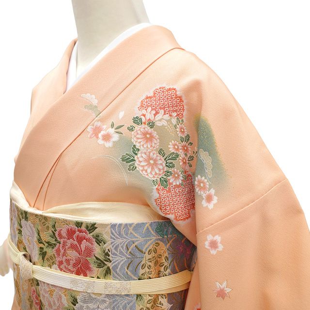 訪問着 着物 未使用 フォーマル 正絹 袷 金駒刺繍 刺繍 サーモンオレンジ 新古品 仕立て上がり 身丈161 裄丈65 Ｍサイズ みやがわ sb16782 新古品】 訪問着 着物 未使用 フォーマル 正絹 袷 金駒刺繍 刺繍 絞り