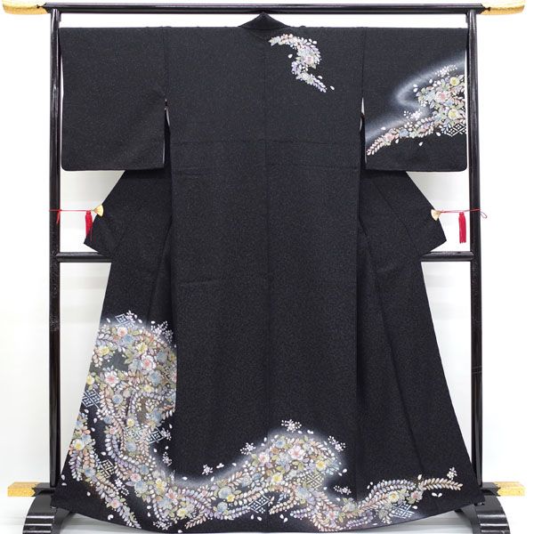 訪問着 着物 正絹 袷 黒 辻が花 銀通し 金彩加工 フォーマル リサイクル 中古 仕立て上がり 身丈166.5 裄丈68 Ｌサイズ みやがわ hm0025 訪問着 着物 正絹 袷 黒 辻が花 銀通し 金彩加工 フォーマル