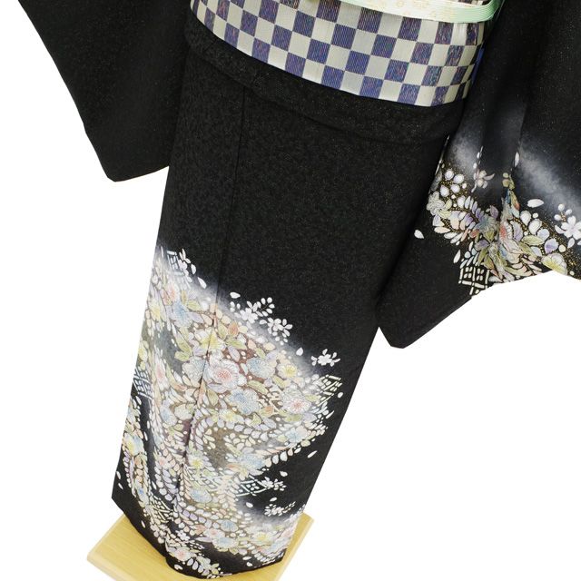 中古】 訪問着 リサイクル 着物 正絹 袷 黒 辻が花 銀通し 金彩加工