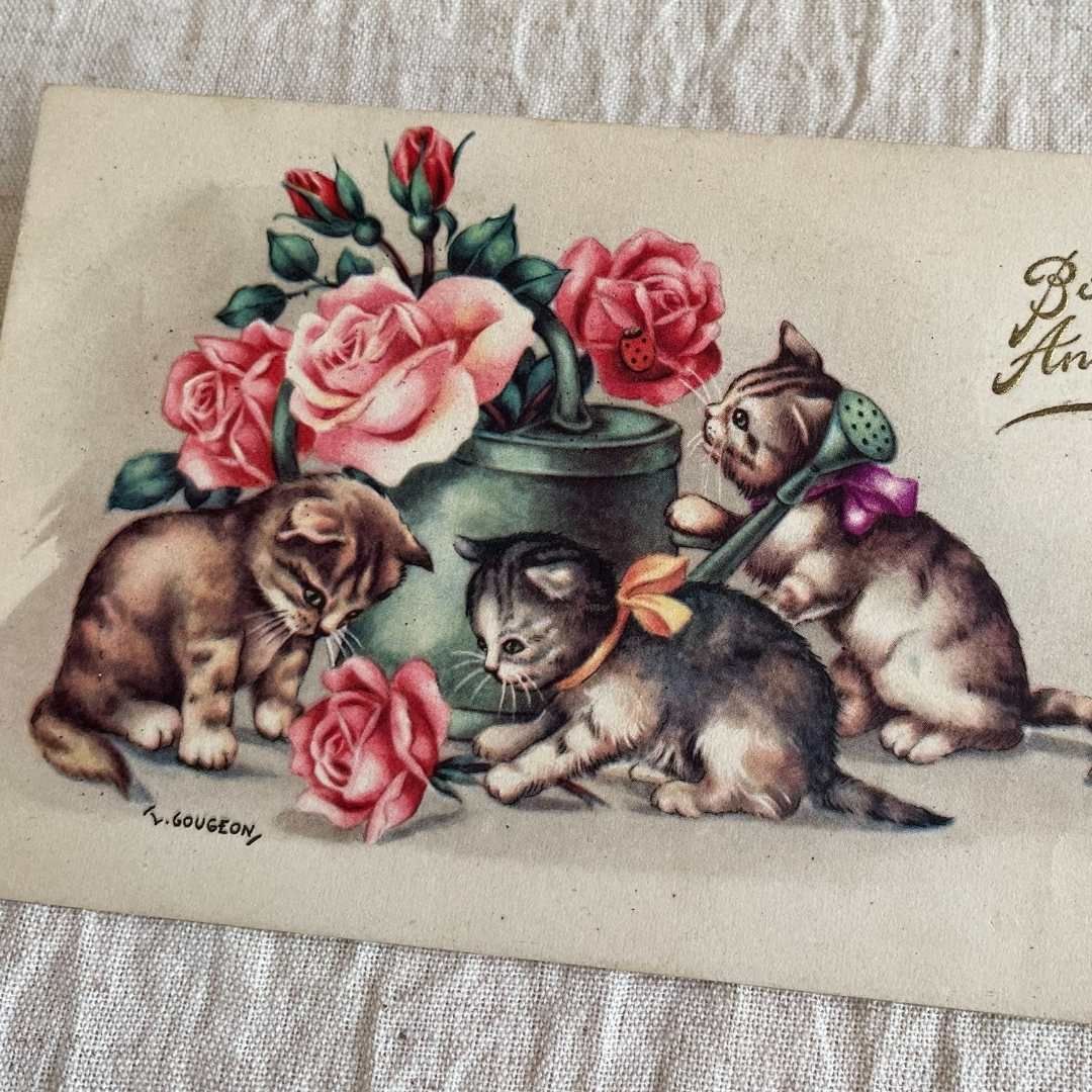 新着】アンティークポストカード フランス直輸入 猫と薔薇