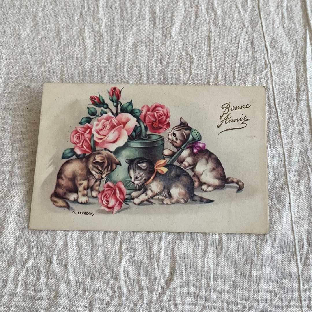 新着】アンティークポストカード フランス直輸入 猫と薔薇