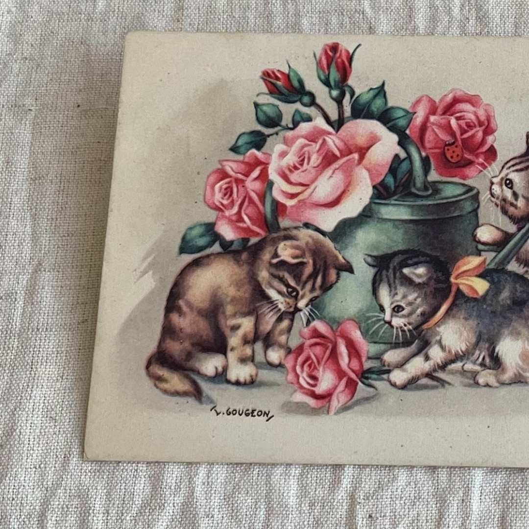 洋書古書　希少　猫の国　アート　画集　ポストカード　イラスト　ヴィンテージ 新着】アンティークポストカード フランス直輸入 猫と薔薇