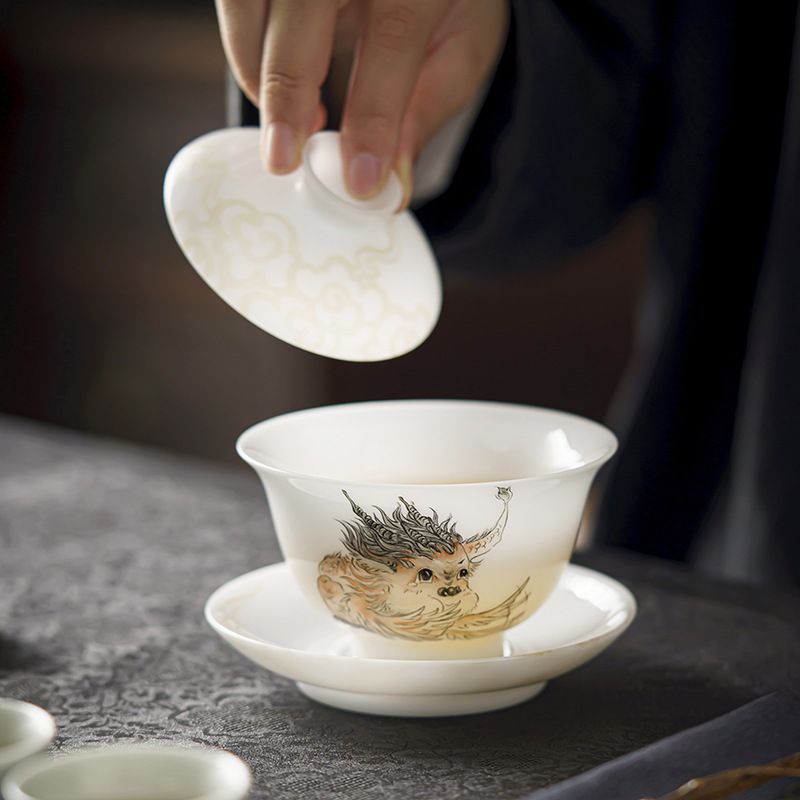  ♥ 氷磁ハイグレード手作り山海柄蓋碗 陶磁器三才蓋碗 熱くなりにくい茶碗 中国茶器 キッチン 食器