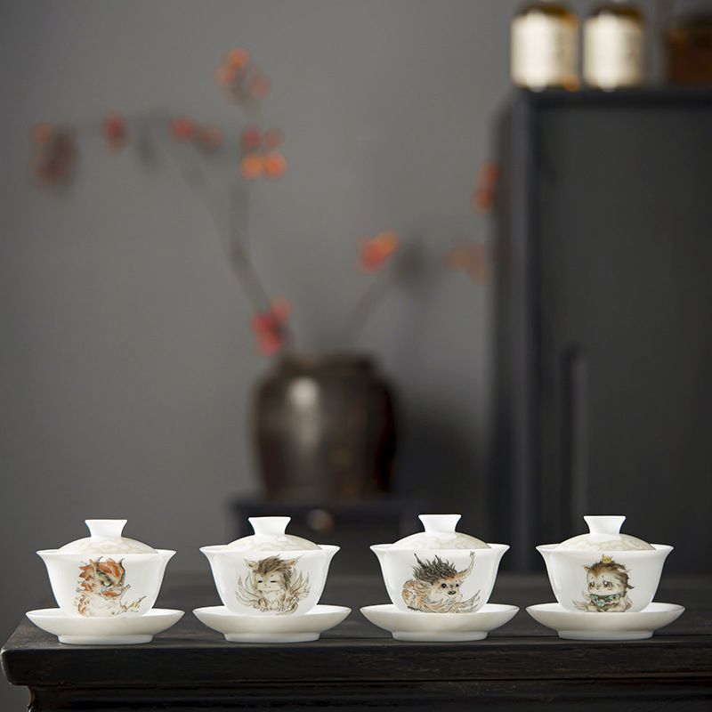 ♥ 氷磁ハイグレード手作り山海柄蓋碗 陶磁器三才蓋碗 熱くなりにくい茶碗