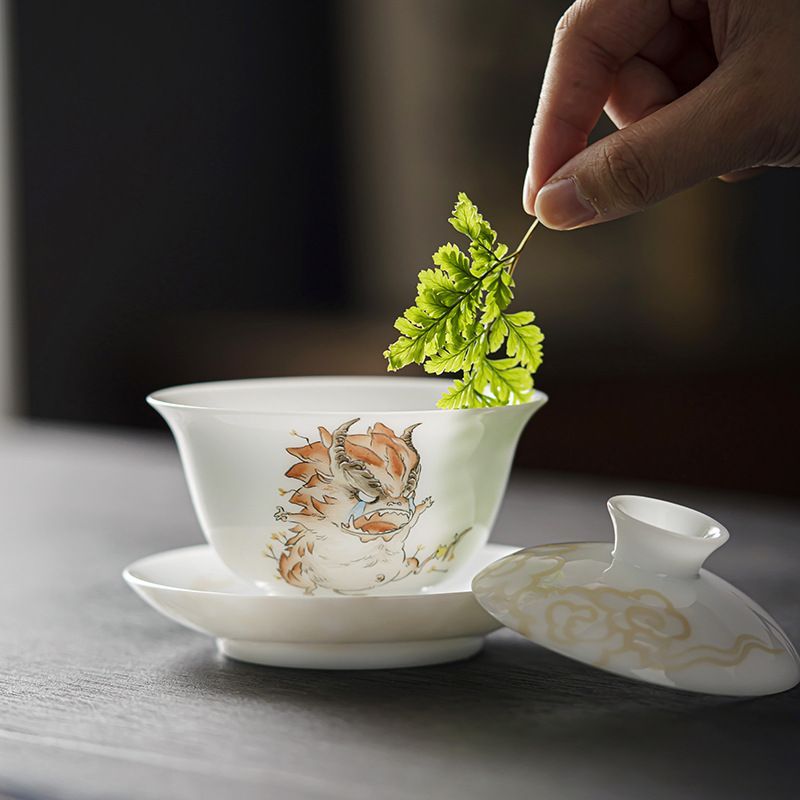 ♥ 氷磁ハイグレード手作り山海柄蓋碗 陶磁器三才蓋碗 熱くなりにくい茶碗