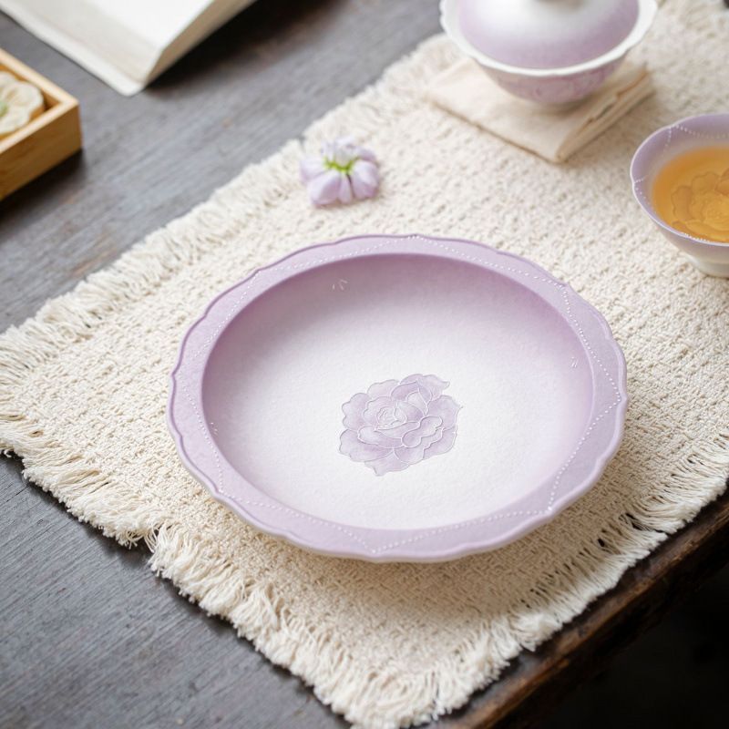 新品未使用 岩白釉手作り薔薇柄陶磁器茶承 紫釉乾式茶盤 菓子皿 モダン