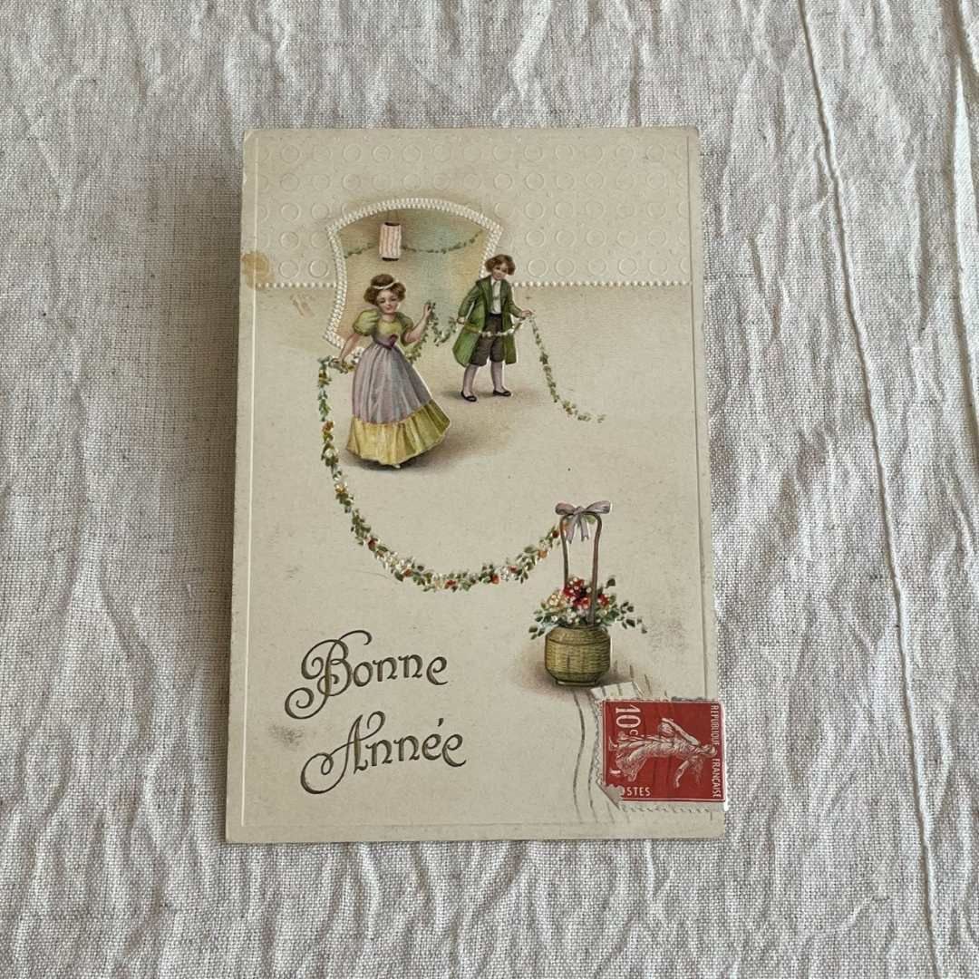 新着】アンティーク ポストカード フランス直輸入 お花と女性 古い