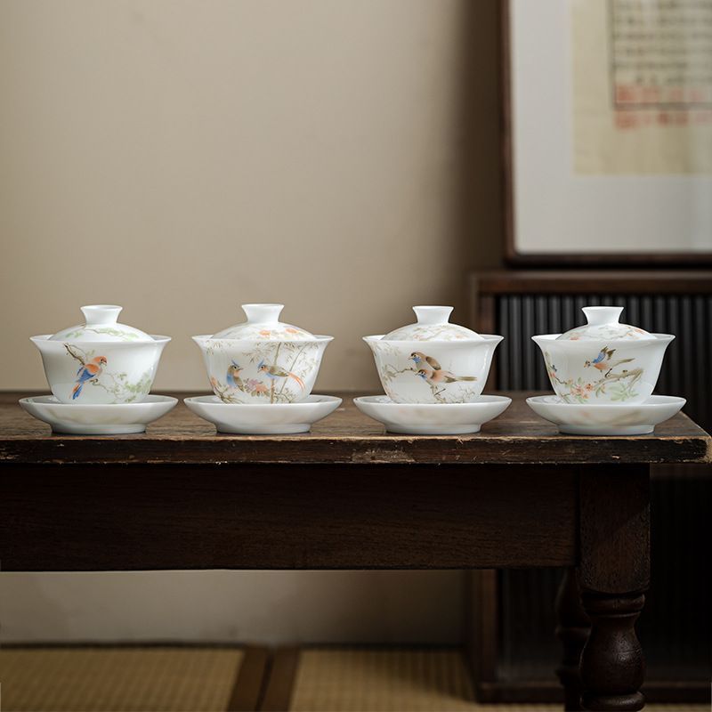 ♥ 国潮手作り氷磁三才蓋碗 熱くなりにくい陶磁器茶碗 急須セット