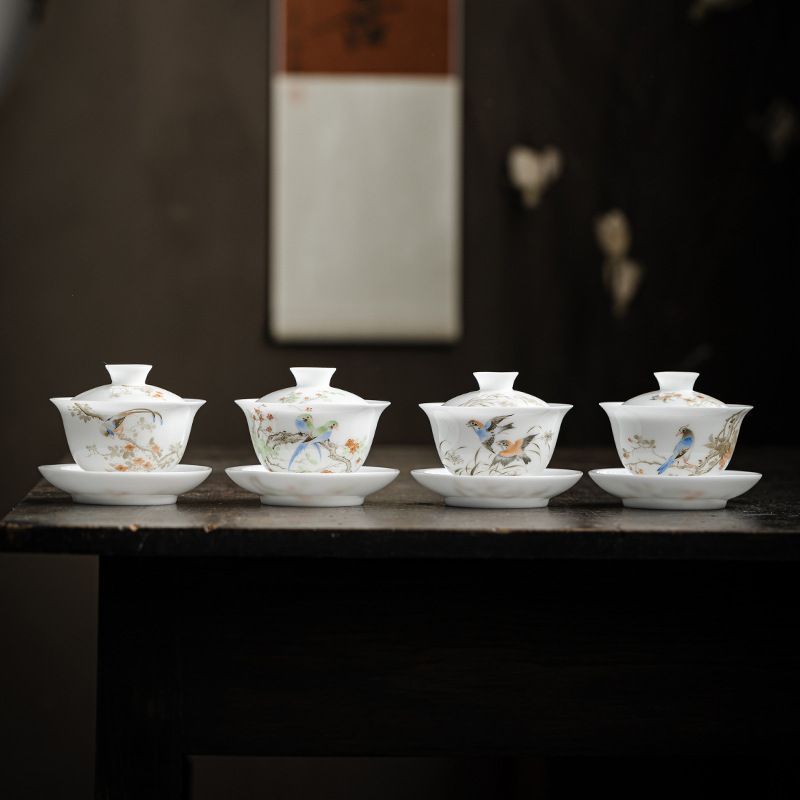 国潮手作り氷磁三才蓋碗 熱くなりにくい陶磁器茶碗