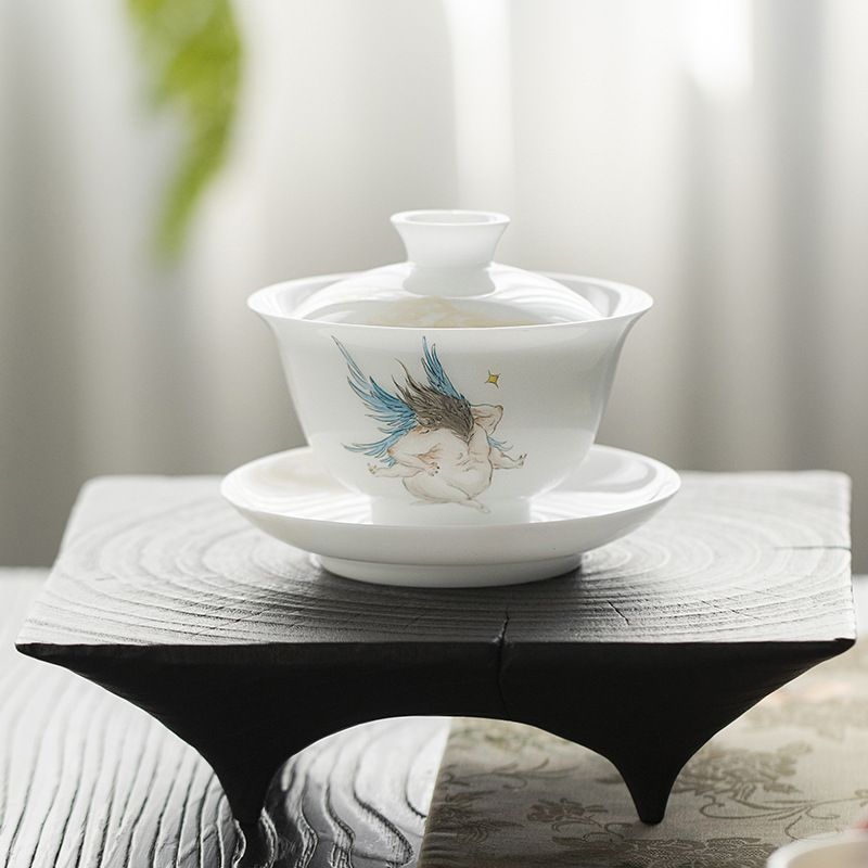  ♥ 手作り白磁蓋碗 氷玉磁三才蓋碗 熱くなりにくい陶磁器茶器 中国茶器 キッチン 食器