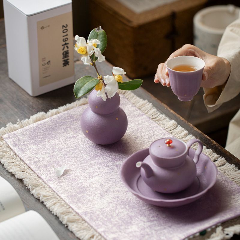 新品未使用 ラベンダー紫金彩陶磁器瓢箪花入れ 茶室装飾 招福花器 生花