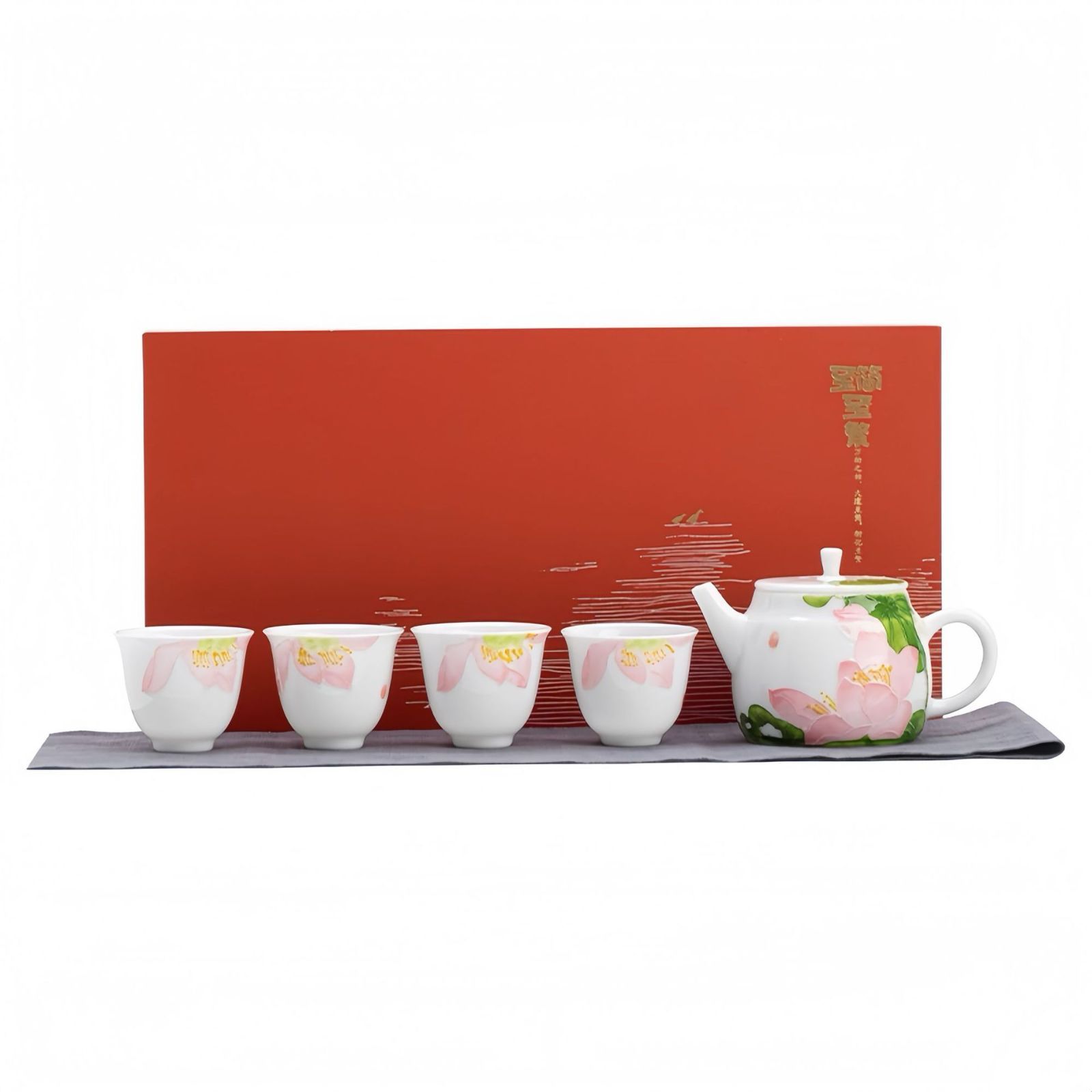 釉下彩手作り堆彫蓮花柄陶磁器急須フルセット 急須茶器