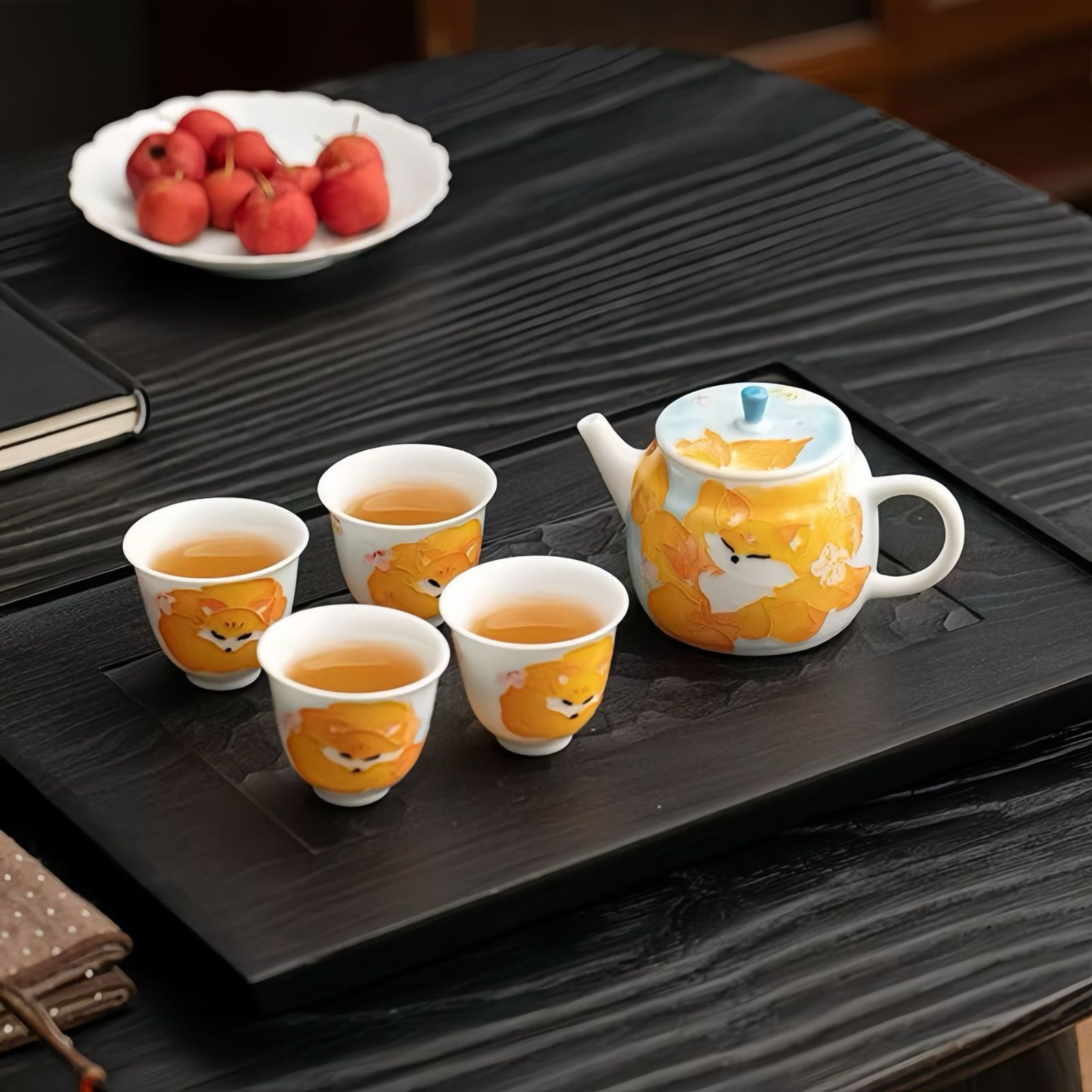 ♥ 釉下彩手作り堆彫蓮花柄陶磁器急須フルセット