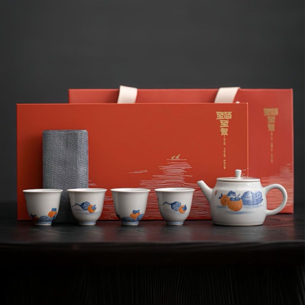 釉下彩手作り堆彫蓮花柄陶磁器急須フルセット 急須茶器