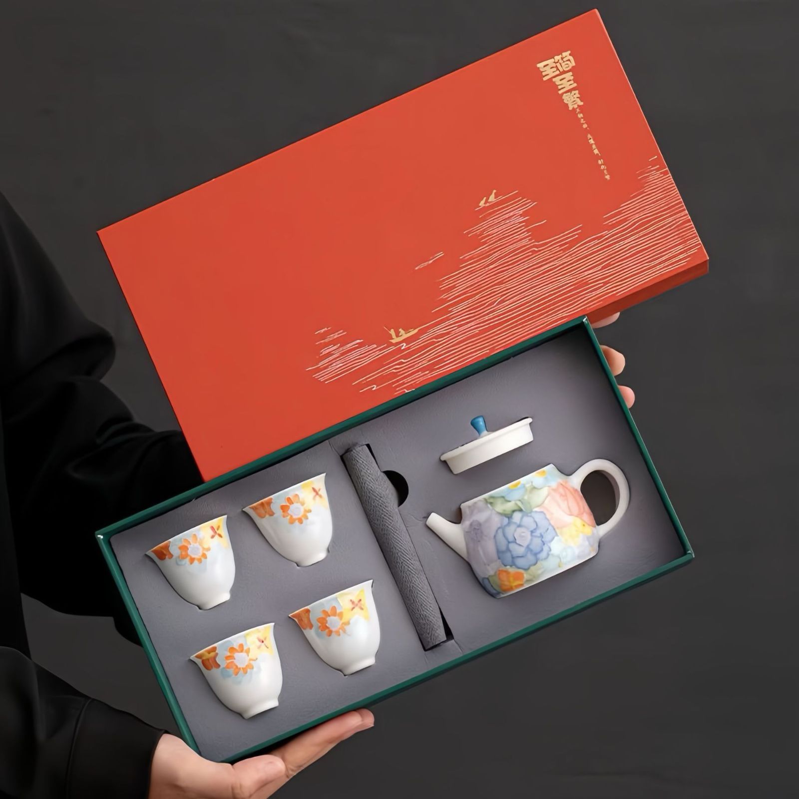 釉下彩手作り堆彫蓮花柄陶磁器急須フルセット