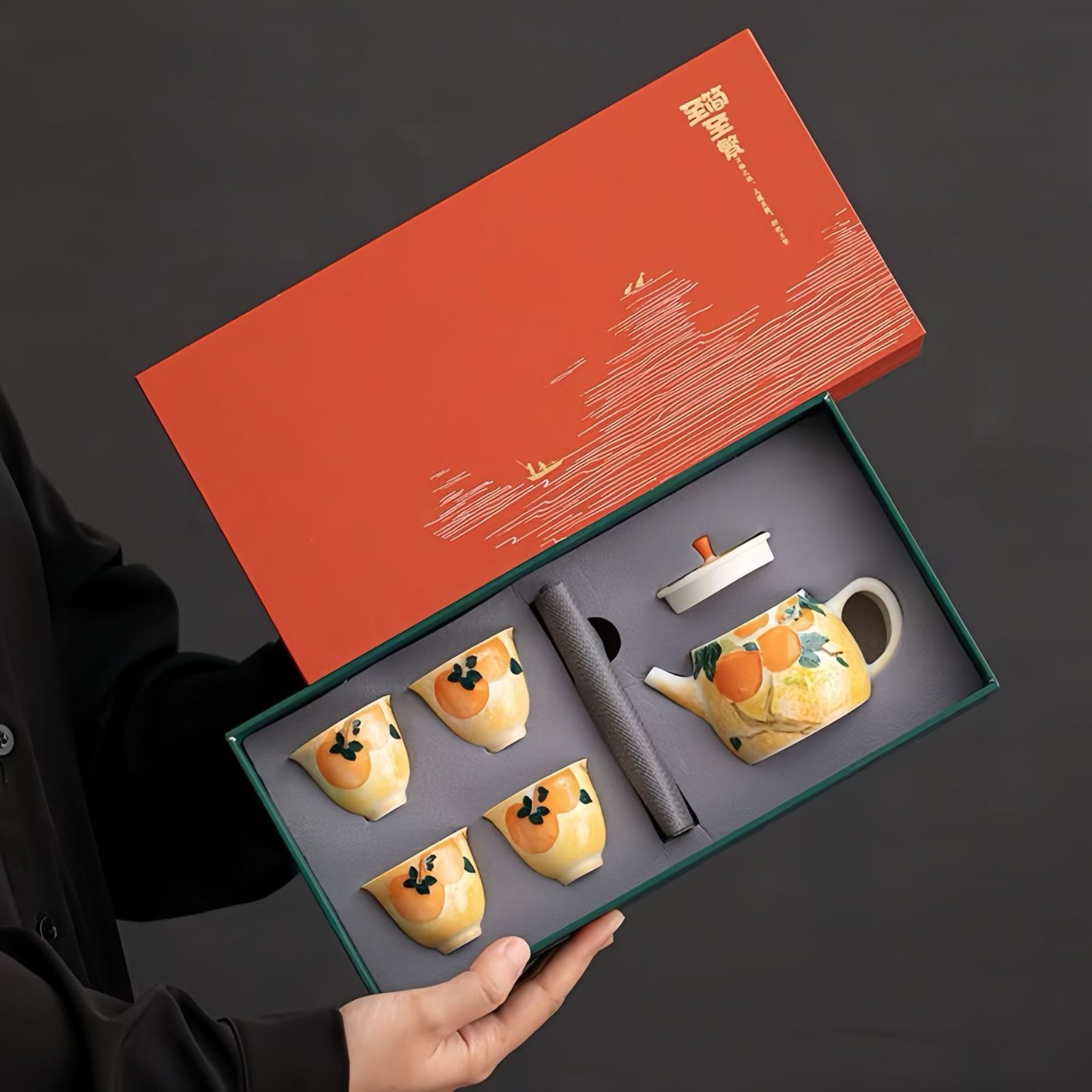 釉下彩手作り堆彫蓮花柄陶磁器急須フルセット 急須茶器