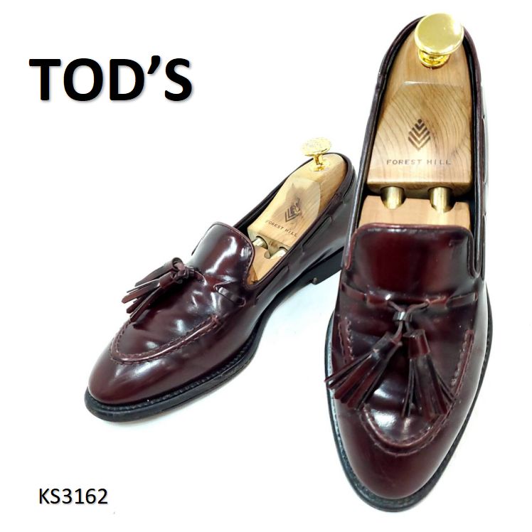 トッズ タッセルローファー ガラスレザー 本革 バーガンディ EU36