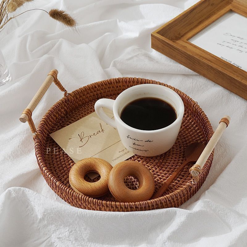 トレー トレイ ラタン 円形 丸型 おぼん 取っ手付き おしゃれ かわいい