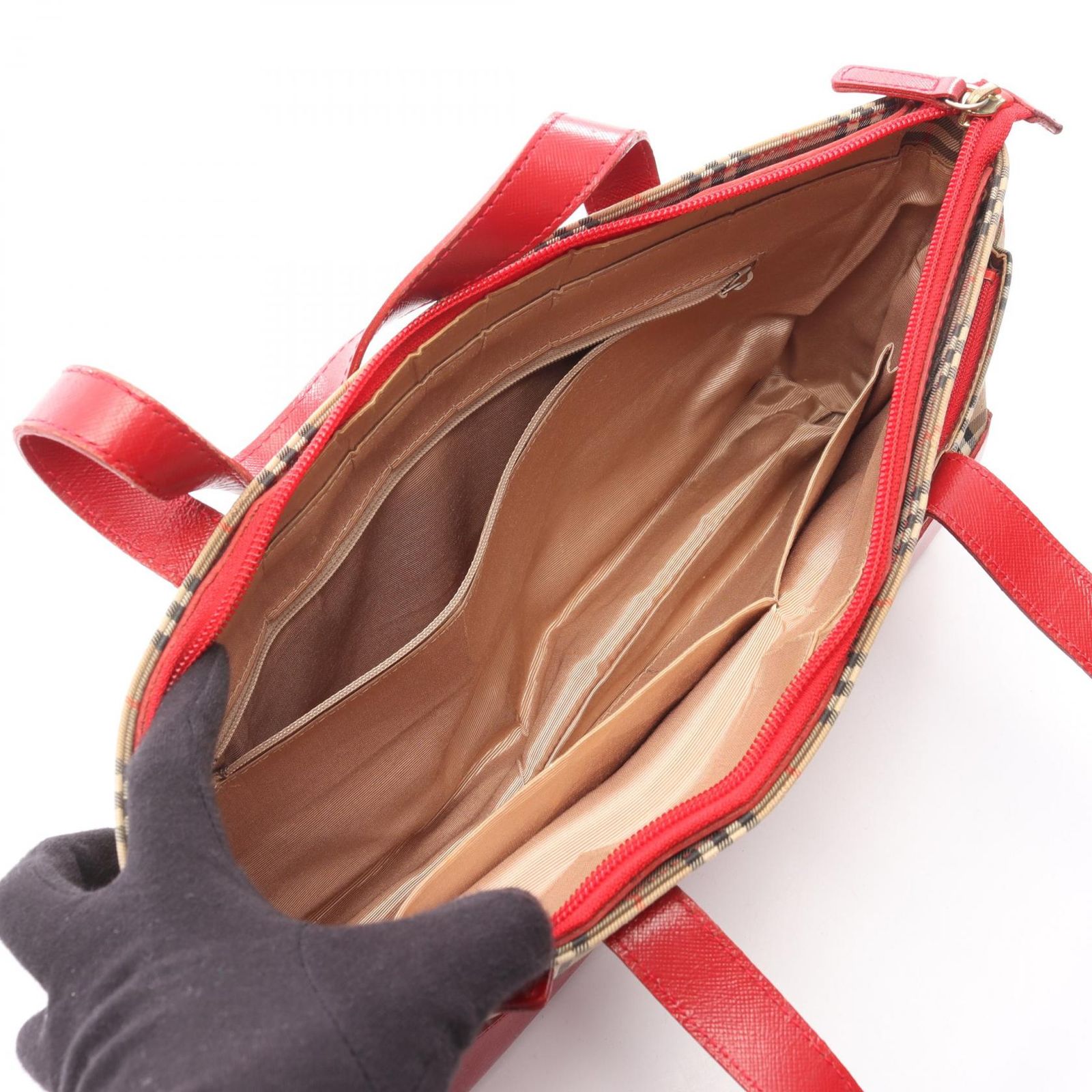 バーバリー BURBERRY ハンドバッグ ノバチェック ベージュ/レッド