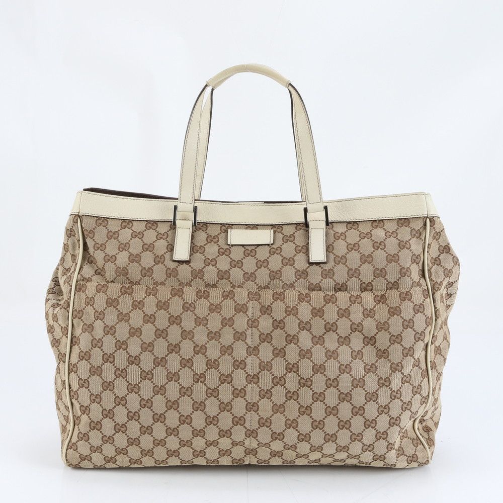 美品 グッチ GGキャンバス ベージュ 153213 レザー トート バッグ
