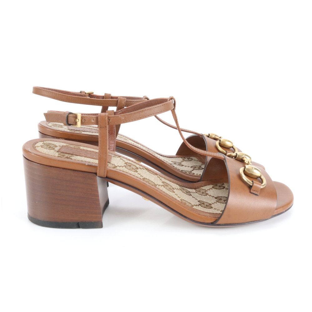 美品 グッチ ホースビット レザー アンクルストラップ サンダル ヒール