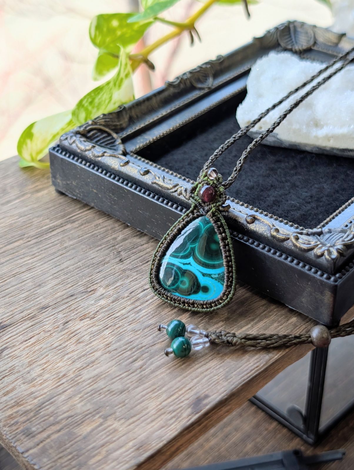 マクラメ編みネックレス クリソコラ マカライト ☆マラカイトクリソコラ・クリソコラマラカイト☆マクラメ編み