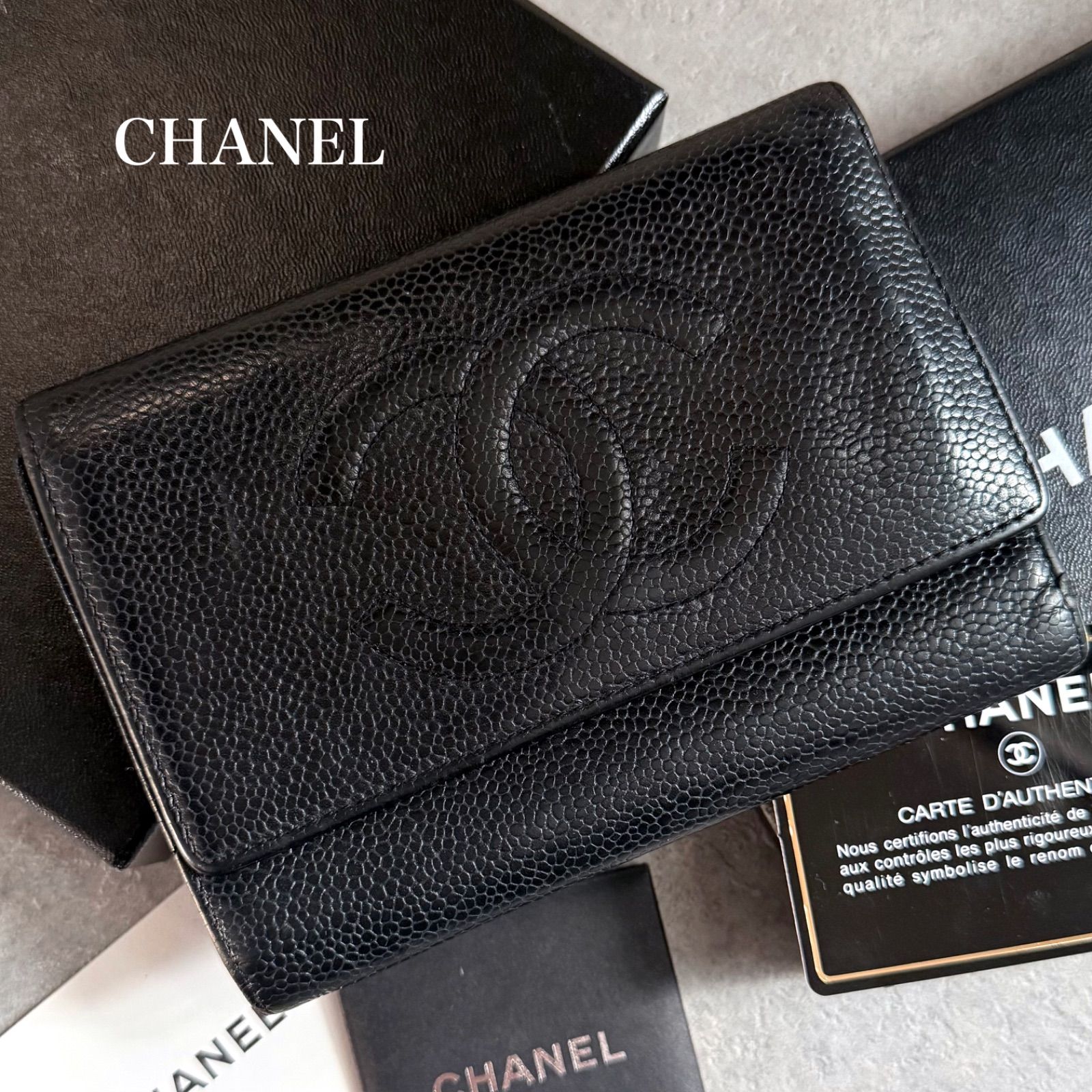 CHANEL シャネル キャビアスキン ココマーク 三つ折り財布 レザー