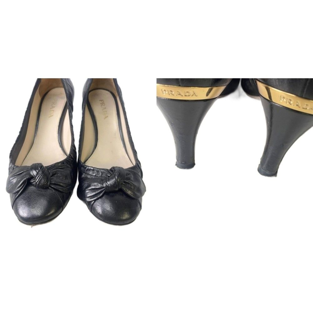 プラダ PRADA パンプス ヒール リボン レザー 38 ブラック - メルカリ