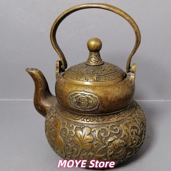 銅 細工 茶道具 浮彫り 福禄茶壺 提梁銅壺 水徳利 工芸品 美術品